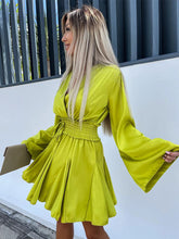 Mini Dresses Yellow Green Long Sleeves Lace Up Short Dress